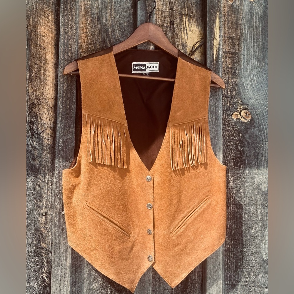 VINTAGE suede leather western fringe vest size medium brown